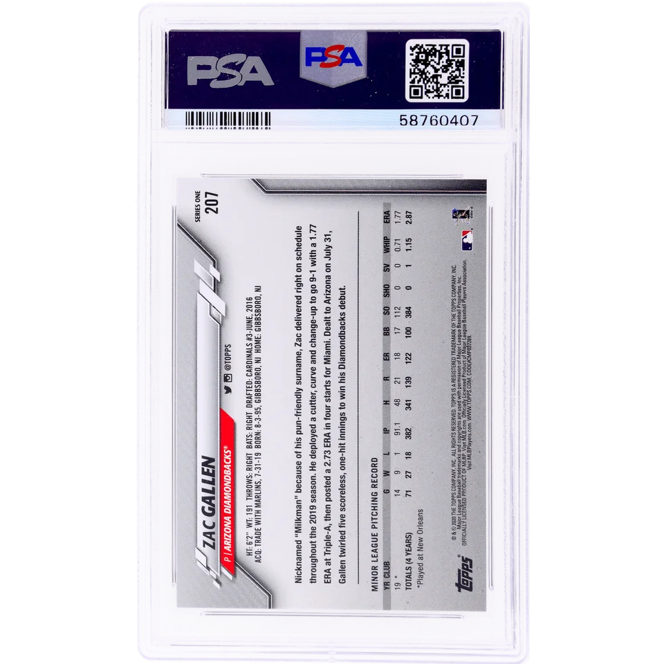 A graded PSA 10 Zac Gallen 2020 Topps Gold Stars baseball card on display
