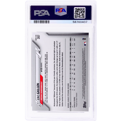 A graded PSA 10 Zac Gallen 2020 Topps Gold Stars baseball card on display