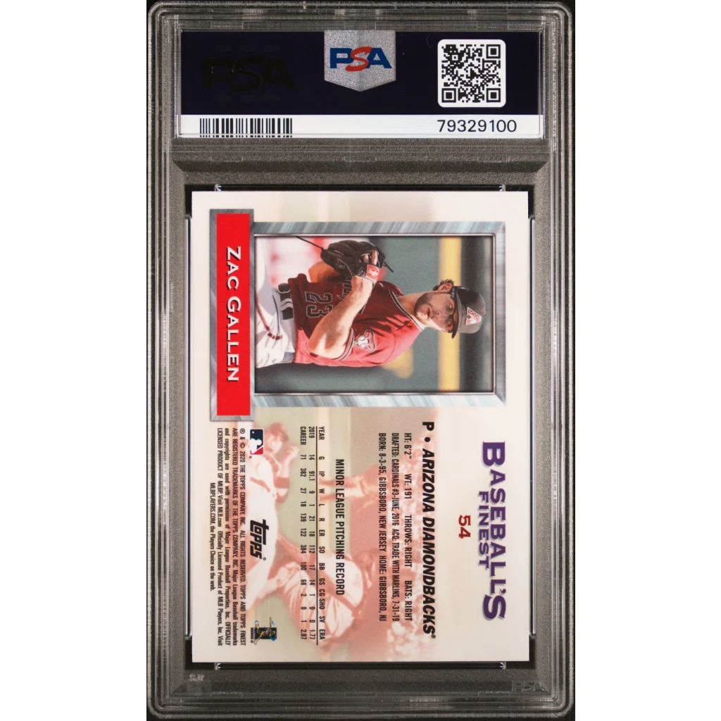 PSA graded 2020 Topps Finest Flashbacks Zac Gallen baseball card on display