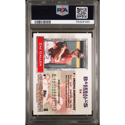 PSA graded 2020 Topps Finest Flashbacks Zac Gallen baseball card on display