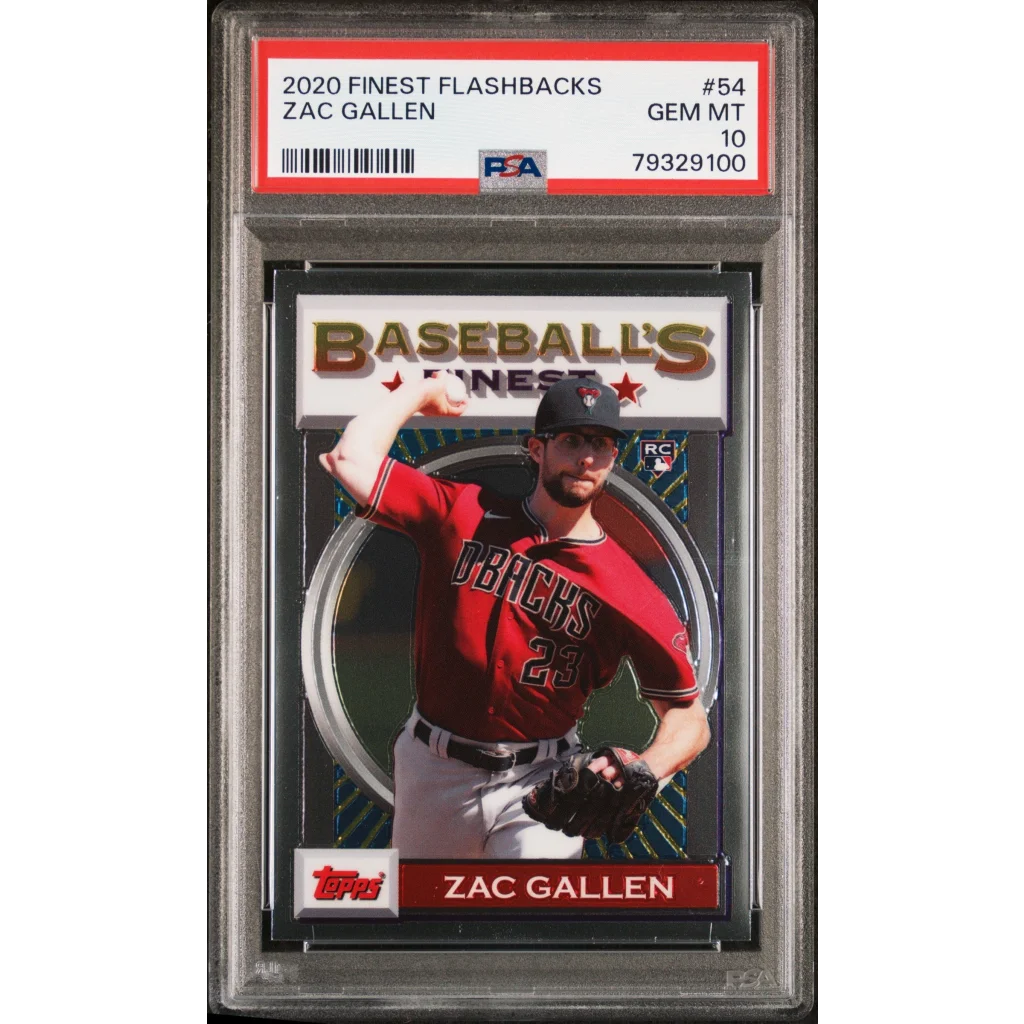 PSA Graded 2020 Topps Finest Flashbacks Zac Gallen baseball card on display