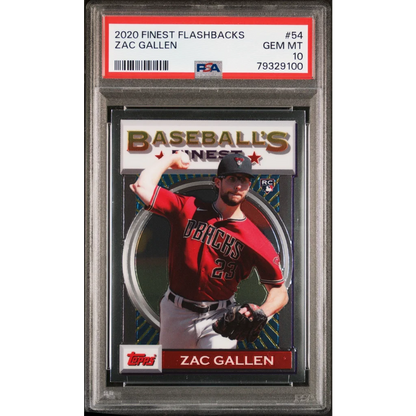 PSA Graded 2020 Topps Finest Flashbacks Zac Gallen baseball card on display