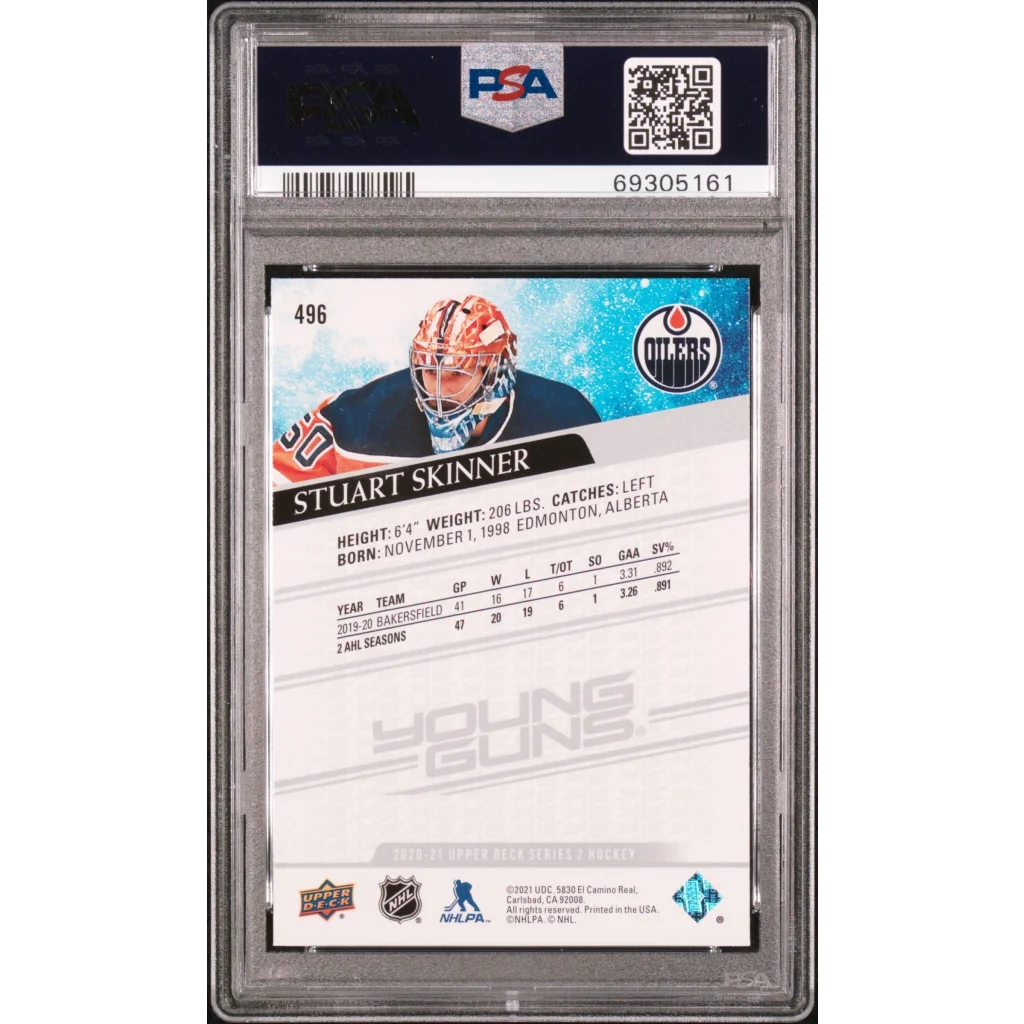 Graded PSA 10 2020 Upper Deck Stuart Skinner #496 Rookie Oilers RC Card