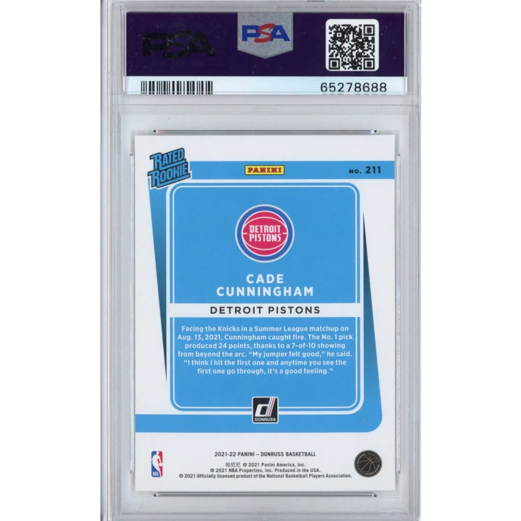 PSA 10 Graded 2021-22 Panini Donruss Cade Cunningham #211 Rookie Card in Blue and White Slab