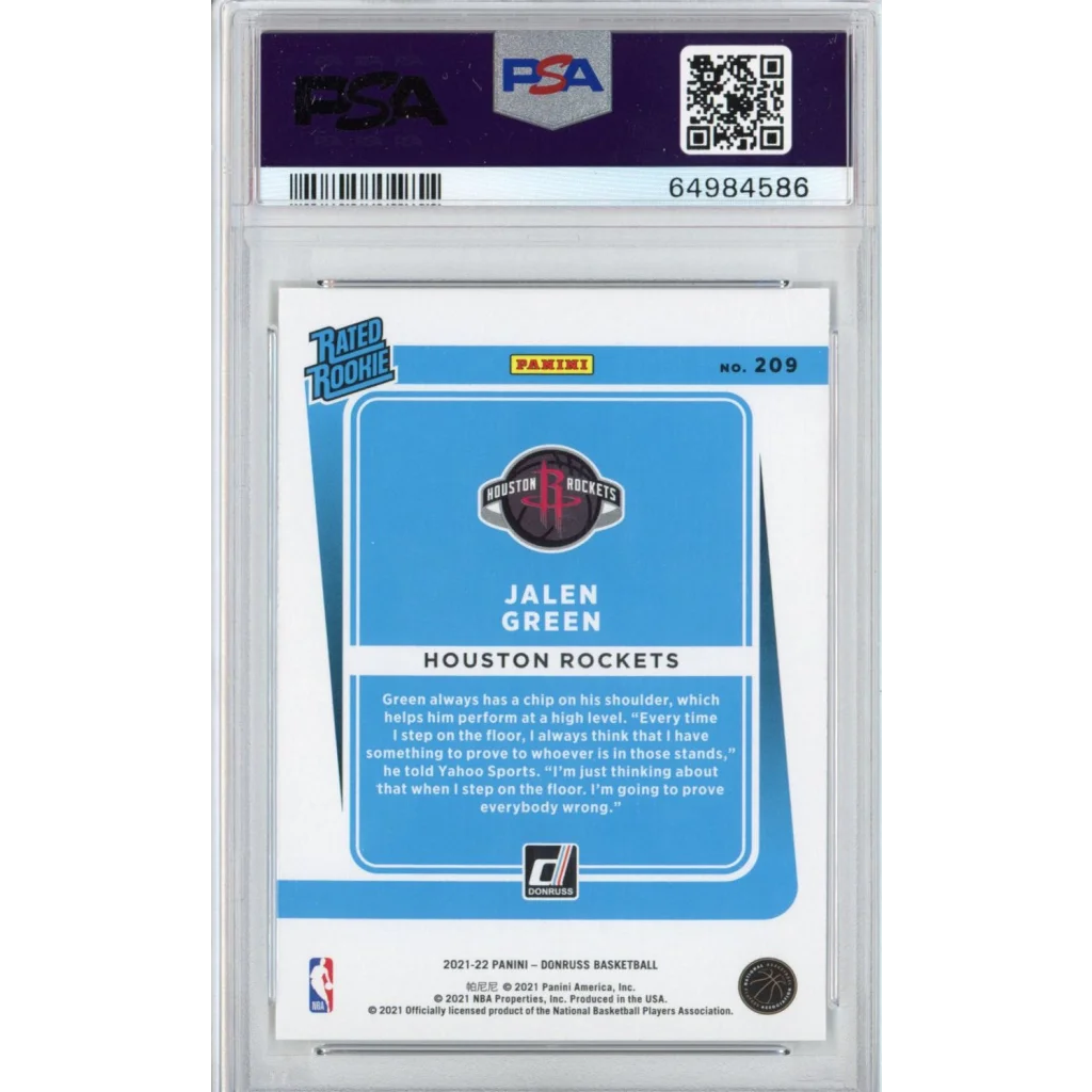 Graded 2021-22 Panini Donruss Jalen Green #209 Rookie RC Basketball Card PSA 10 Gem Mint | PSA 10 Gem Mint Graded Rookie Card | vintageantiquesgifts.com