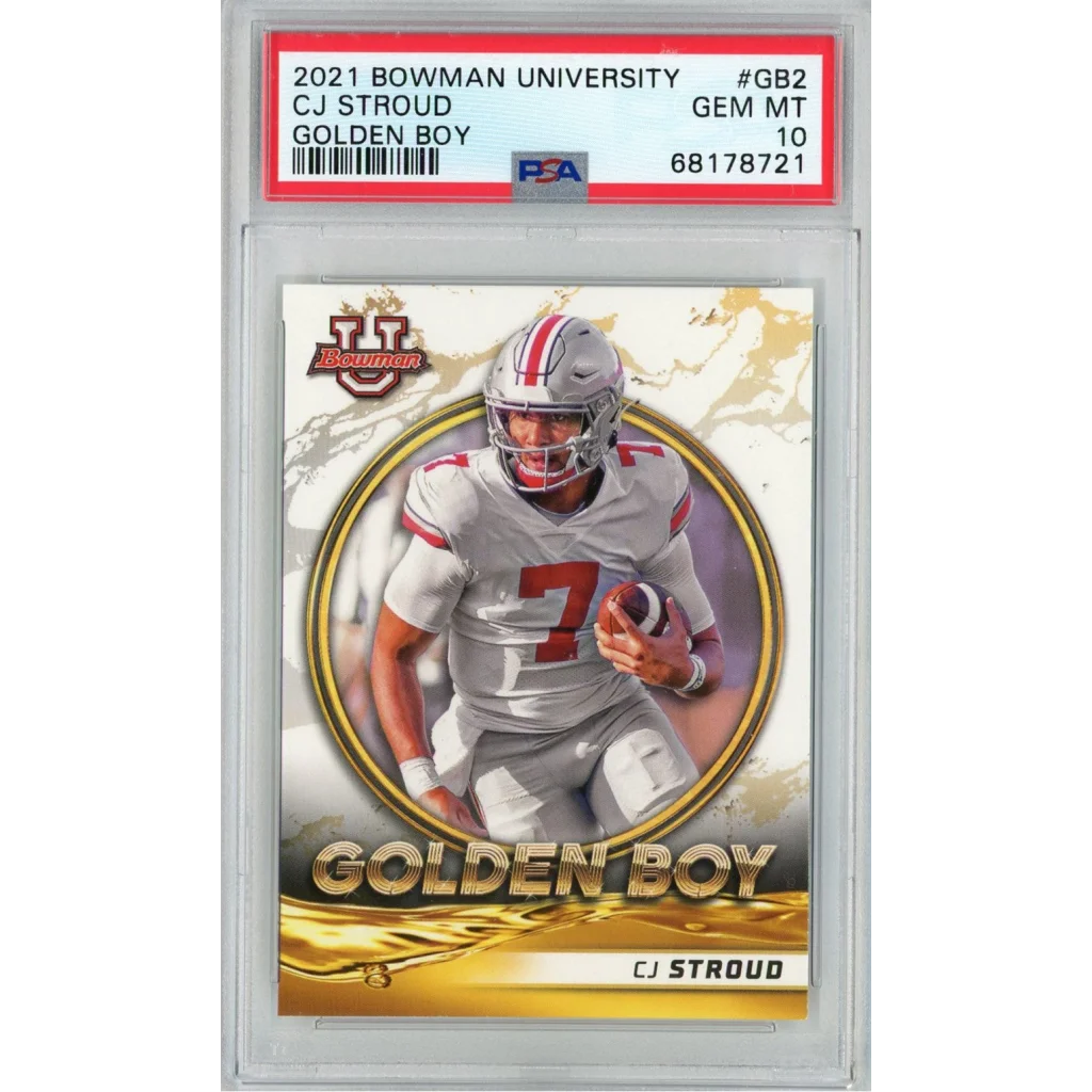 Graded 2021 Bowman University CJ Stroud #GB2 Golden Boy Rookie RC Football Card PSA 10 Gem Mint | Hall of Fame Sports Memorabilia | vintageantiquesgifts.com