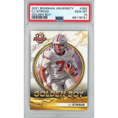 Graded 2021 Bowman University CJ Stroud #GB2 Golden Boy Rookie RC Football Card PSA 10 Gem Mint | Hall of Fame Sports Memorabilia | vintageantiquesgifts.com