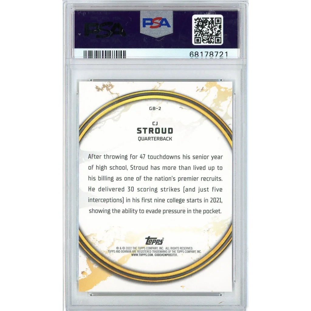 Graded 2021 Bowman University CJ Stroud #GB2 Golden Boy Rookie RC Football Card PSA 10 Gem Mint | PSA 10 Gem Mint Graded Rookie Card | vintageantiquesgifts.com