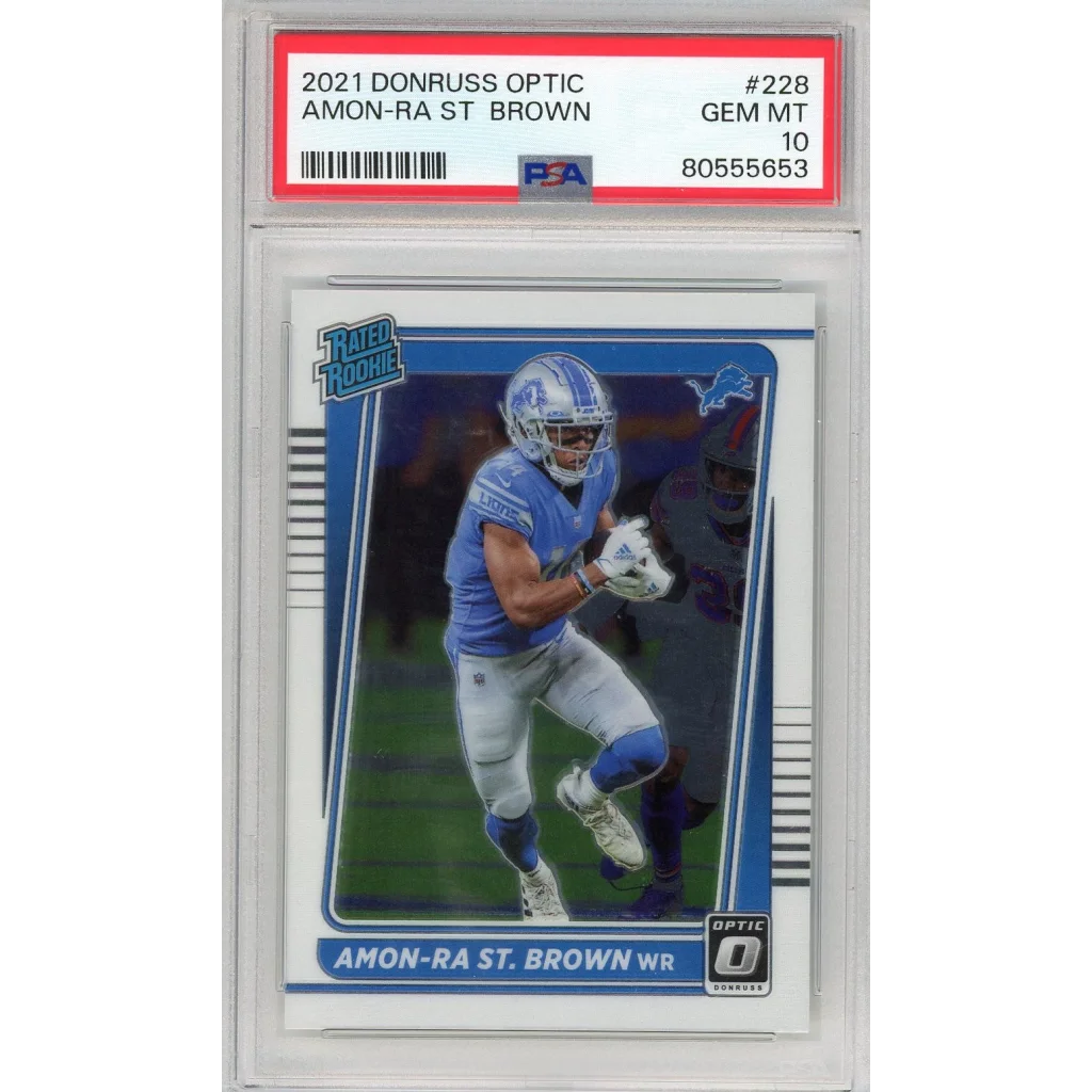Graded 2021 Donruss Optic Amon-Ra St. Brown #228 Rookie RC Football Card PSA 10 Gem Mint | Hall of Fame Sports Memorabilia | vintageantiquesgifts.com