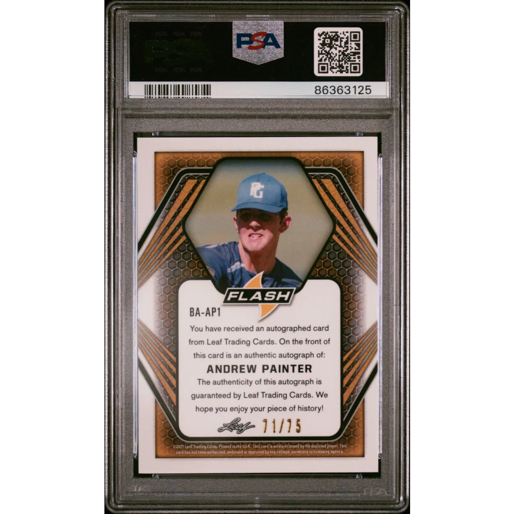 Autographed Andrew Painter baseball card graded PSA, serial numbered 11 out of 75
