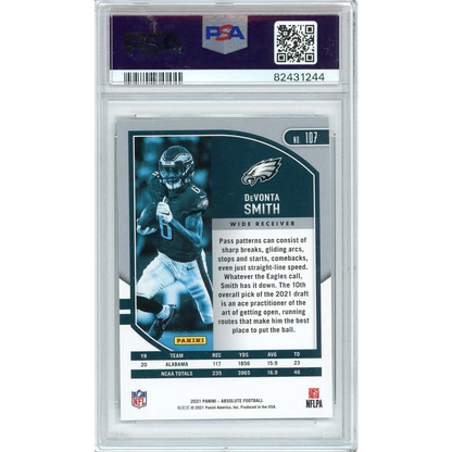 Silver-bordered graded 2021 panini absolute devonta smith rookie football card psa 10 gem mint in eagles uniform