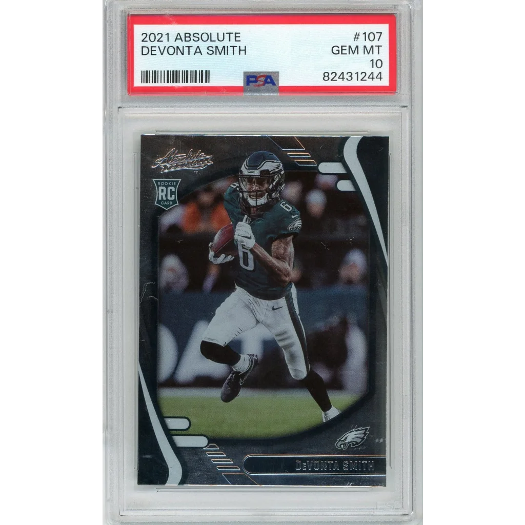 Graded 2021 panini absolute devonta smith #107 rookie football card psa 10 gem mint featuring eagles uniform