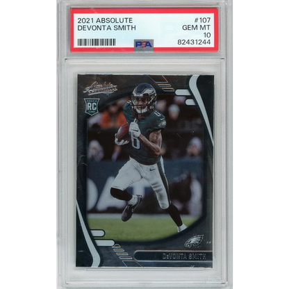 Graded 2021 panini absolute devonta smith #107 rookie football card psa 10 gem mint featuring eagles uniform