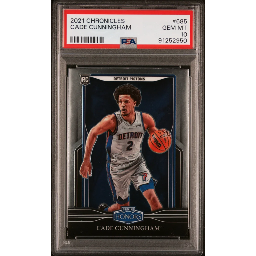 2021 Cade Cunningham Pistons rookie card graded PSA GEM MT 10 with player dribbling basketball