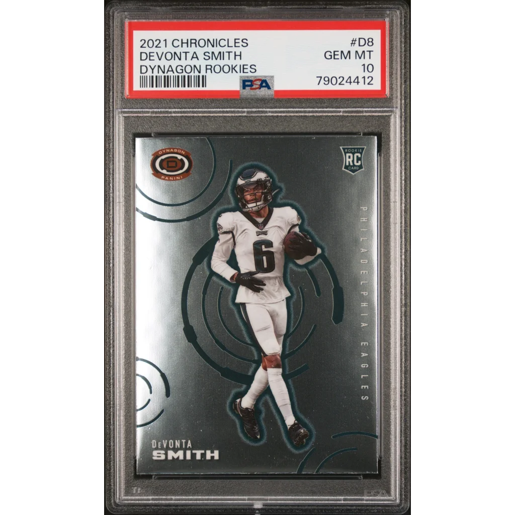 PSA graded 2021 Devonta Smith Chronicles Dynagon rookie football card on display