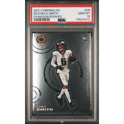 PSA graded 2021 Devonta Smith Chronicles Dynagon rookie football card on display