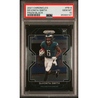 Graded 2021 Chronicles Devonta Smith Prizm Black rookie card Eagles Legend on display