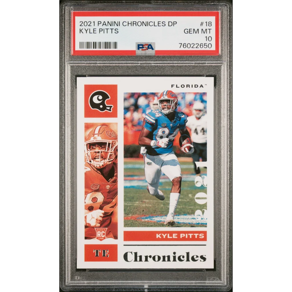 PSA Graded Kyle Pitts Panini Chronicles Rookie Card featuring a 2021 football trading card