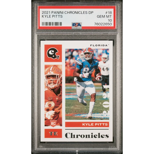 PSA Graded Kyle Pitts Panini Chronicles Rookie Card featuring a 2021 football trading card