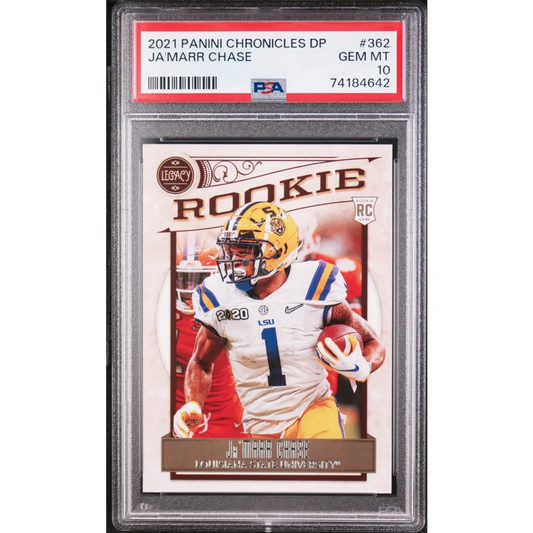 PSA graded 2021 Panini Chronicles Ja’Marr Chase rookie card on display