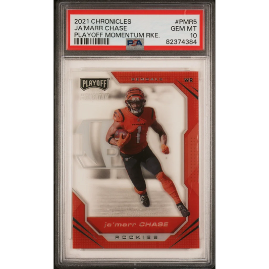 PSA 10 JaMarr Chase 2021 Playoff Momentum Rookie Card Gem Mint front view
