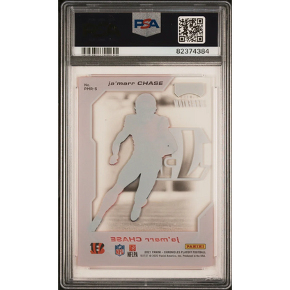 Graded Ja’Marr Chase 2021 Playoff Momentum Rookie Card in protective case, PSA 10 gem mint