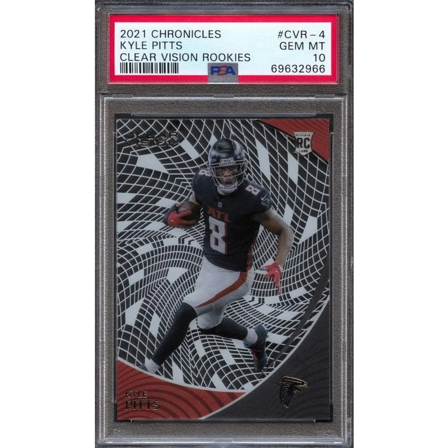 A graded 2021 Panini Chronicles Clear Vision Rookies Kyle Pitts football card in PSA Gem case