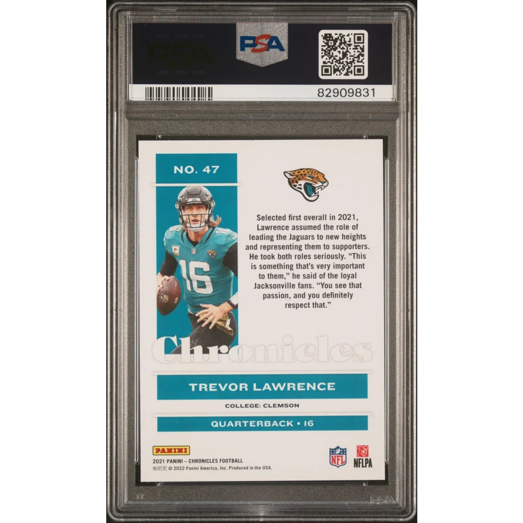 Graded Trevor Lawrence 2021 Panini Chronicles rookie football card in PSA case