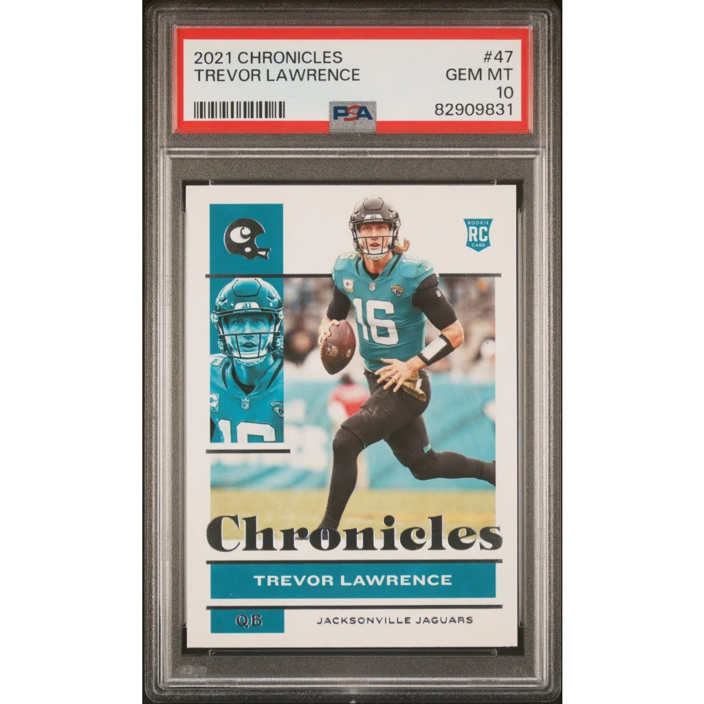 PSA graded 2021 Panini Chronicles Trevor Lawrence rookie card of Jacksonville Jaguars QB in action