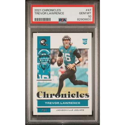PSA graded 2021 Panini Chronicles Trevor Lawrence rookie card of Jacksonville Jaguars QB in action