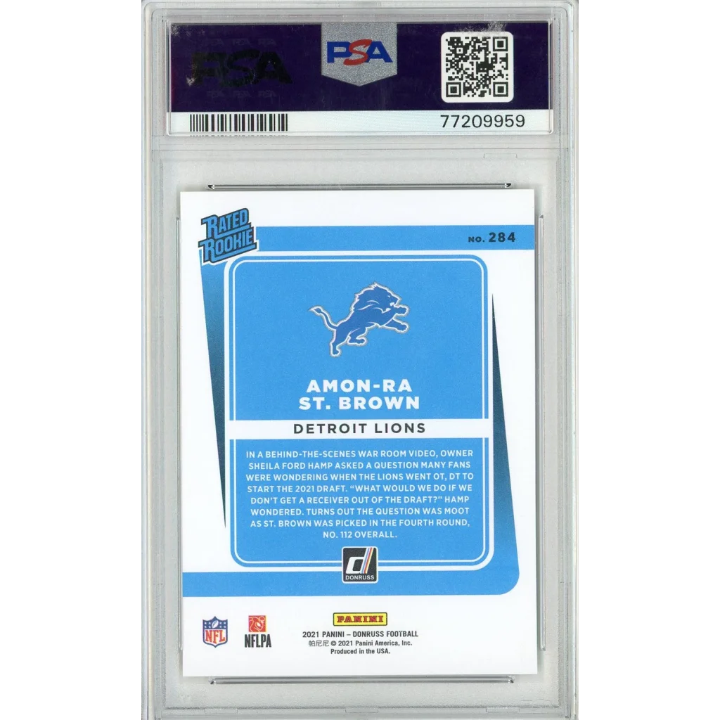 A graded PSA 10 Amon Ra St Brown 2021 Donruss Press Proof Rookie Card
