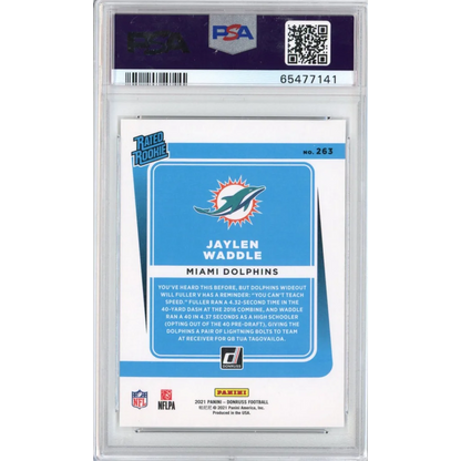 A graded Jaylen Waddle Miami Dolphins rookie card by Professional Sports Authenticator