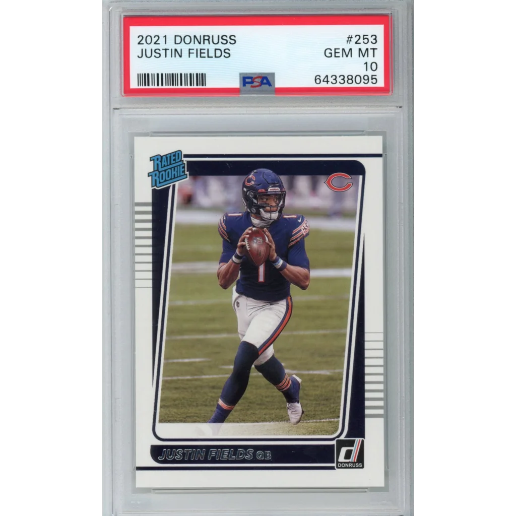 2021 Donruss Justin Fields Rookie Card PSA GEM MT 10 displayed in product listing