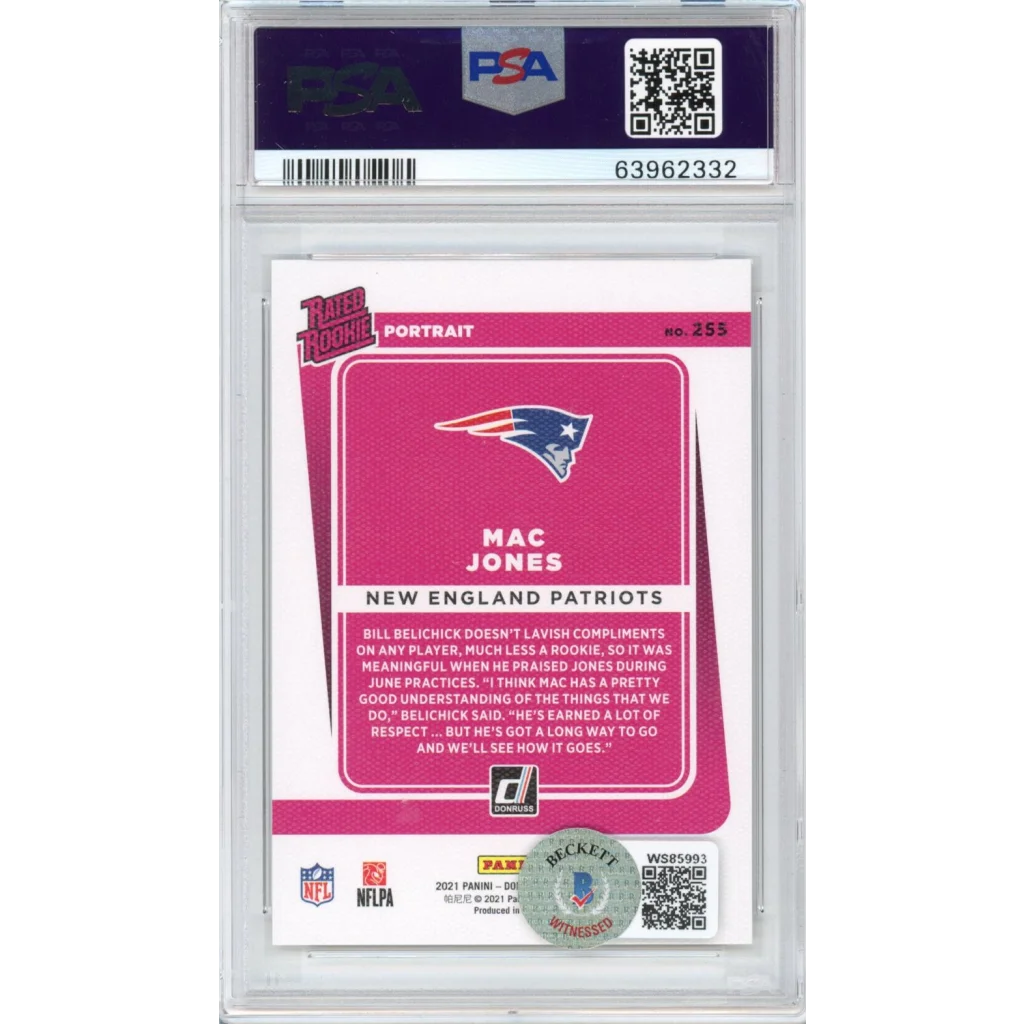 Graded Mac Jones 2021 Donruss Patriots rookie football card in PSA case