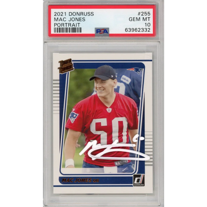 Graded 2021 Donruss Mac Jones Patriots rookie football card in PSA holder