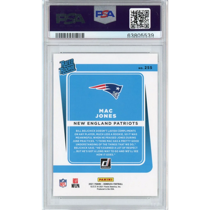 A graded Mac Jones 2021 Donruss Rookie Card PSA 10 Gem Mint perfect grade