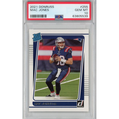 Mac Jones 2021 Donruss Rookie Card PSA GEM MT 10 in product display