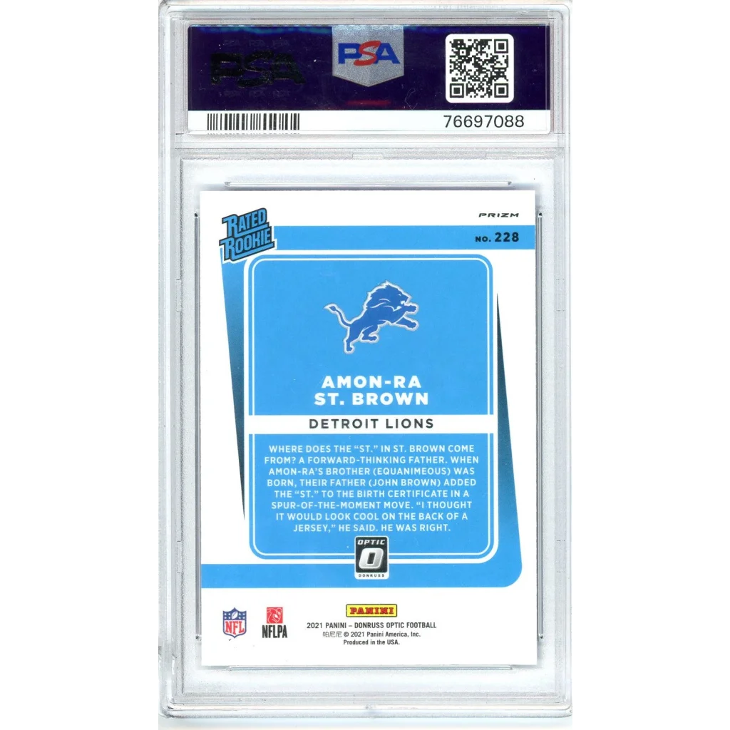 Graded 2021 Panini Donruss Optic Amon-Ra St. Brown #228 Blue Scope Rookie RC Football Card PSA 10 Gem Mint | PSA 10 Gem Mint Graded Rookie Card | vintageantiquesgifts.com
