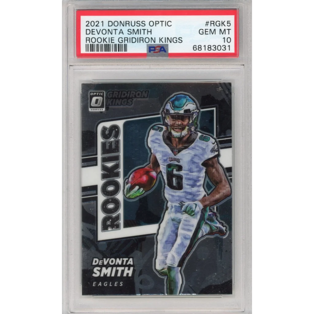 PSA Graded Devonta Smith Rookie Gridiron Kings football card from 2021 Donruss Optic