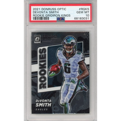 PSA Graded Devonta Smith Rookie Gridiron Kings football card from 2021 Donruss Optic