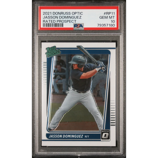 PSA graded Jasson Dominguez 2021 Donruss Optic baseball card on display