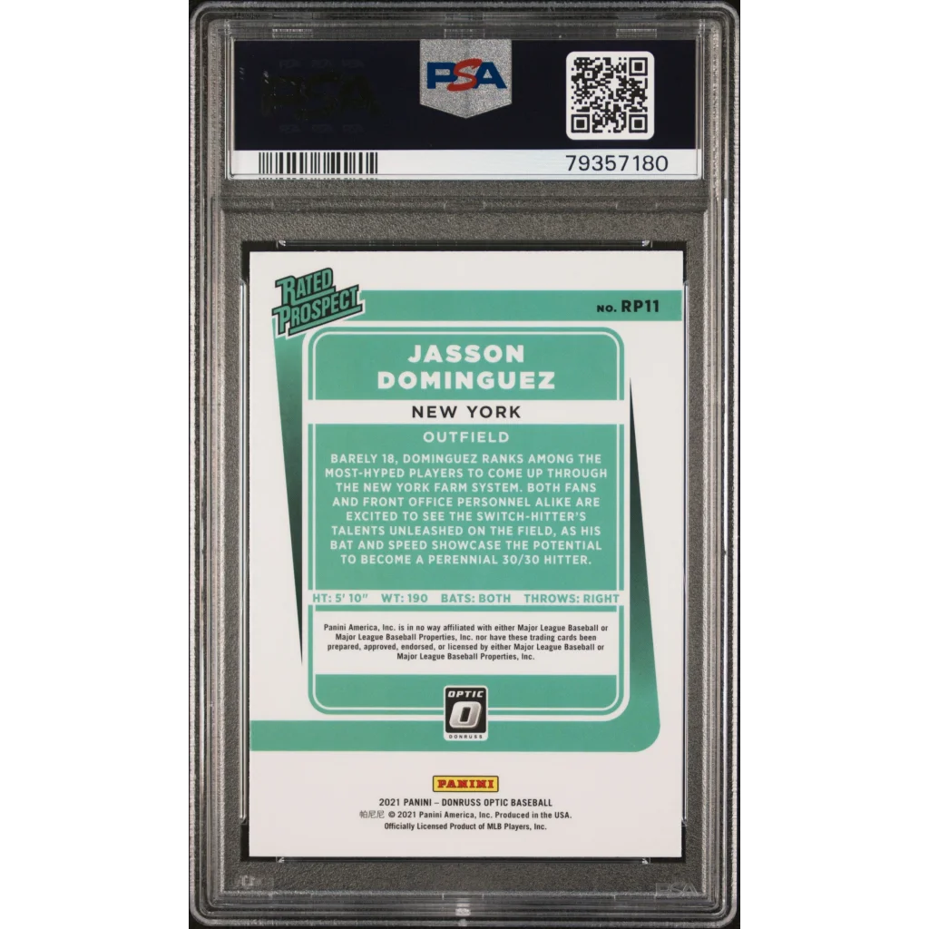 PSA graded Jasson Dominguez 2021 Donruss Optic baseball card on display