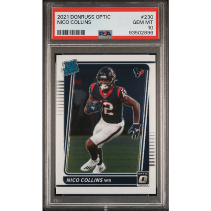PSA graded 2021 Donruss Optic Nico Collins rookie football card displayed in product listing