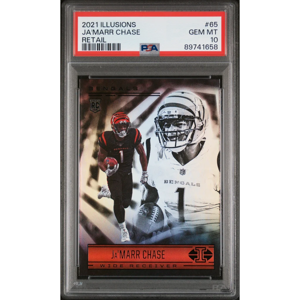 Graded 2021 Panini Illusions Ja'Marr Chase #65 Retail Rookie RC Football Card PSA 10 Gem Mint | Hall of Fame Sports Memorabilia | vintageantiquesgifts.com