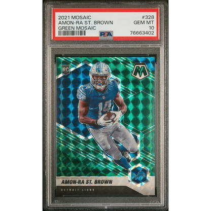PSA graded green mosaic rookie card of Amon-Ra St. Brown from 2021 Panini Mosaic series