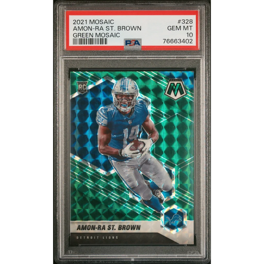 PSA graded green mosaic rookie card of Amon-Ra St. Brown from 2021 Panini Mosaic series