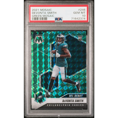 Graded 2021 Panini Mosaic DeVonta Smith #246 Green Mosaic Rookie RC Football Card PSA 10 Gem Mint | Hall of Fame Sports Memorabilia | vintageantiquesgifts.com