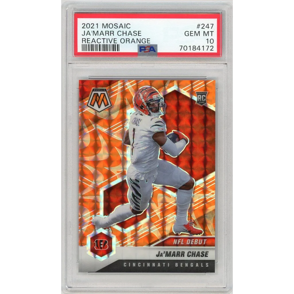 Graded 2021 Panini Mosaic Ja'Marr Chase #247 Reactive Orange Rookie RC Football Card PSA 10 Gem Mint | Hall of Fame Sports Memorabilia | vintageantiquesgifts.com