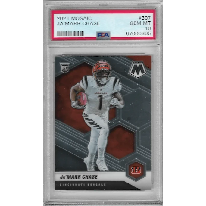 A graded GEM MT 10 2021 Mosaic Ja’Marr Chase football rookie card on display