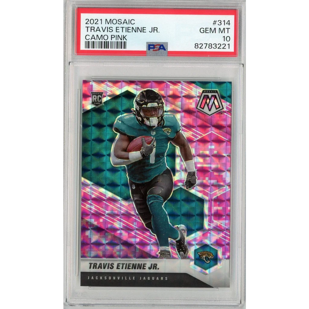 PSA graded 2021 Mosaic Travis Etienne Jr Camo Pink football card on display